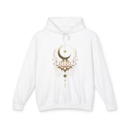 Lotus Moon Hoodie — Boho Crescent Moon & Lotus Floral Graphic Hoodie